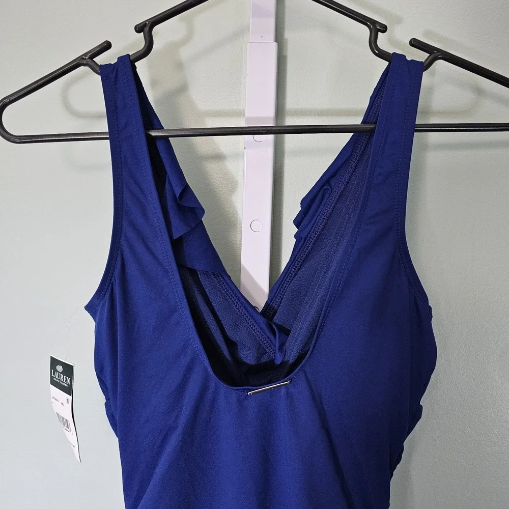 Lauren Ralph Lauren Beach Club Solid‎ Ruffle Surplice One-Piece Size 4 Indigo